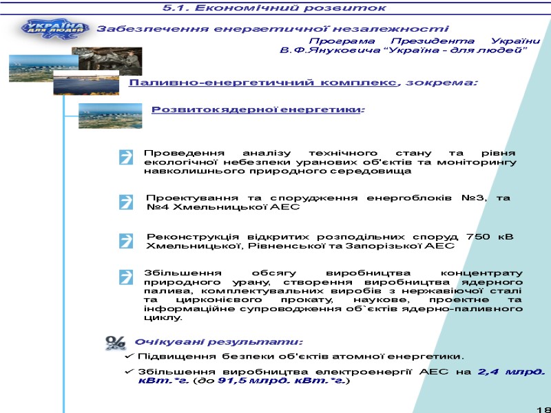 5.1. Економічний розвиток Паливно-енергетичний комплекс, зокрема: Очікувані результати: Розвиток ядерної енергетики: Проектування та спорудження